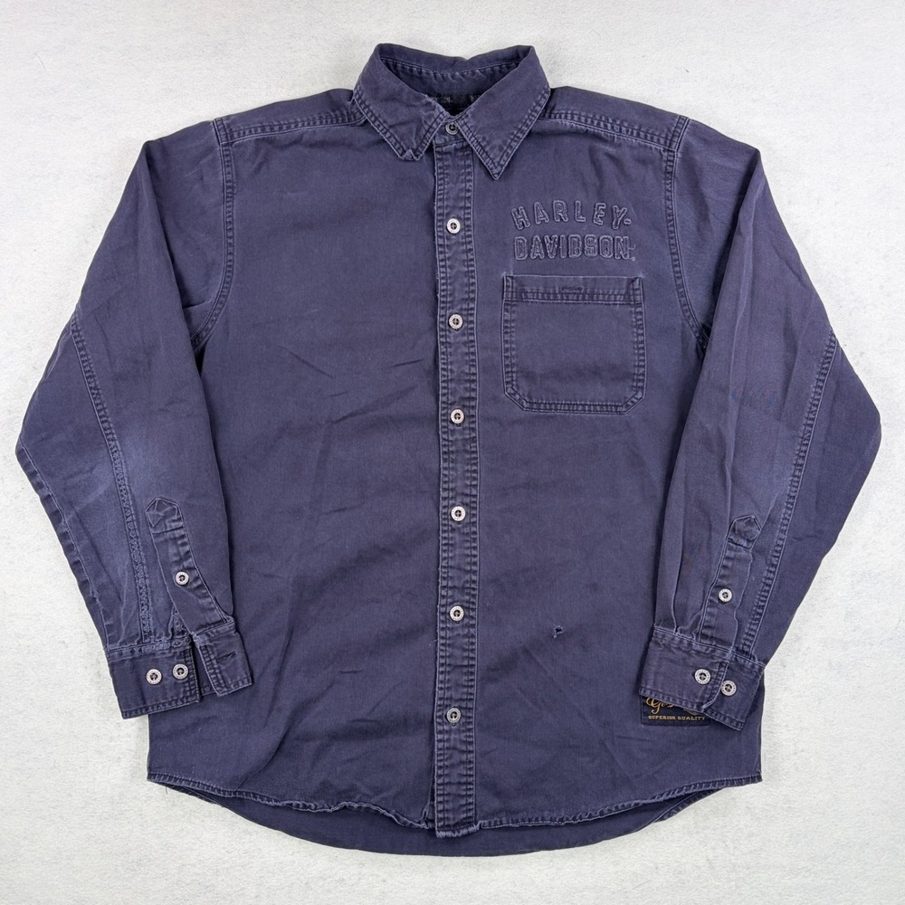 Harley Davidson Sunfaded Distressed Black Long Sleeve Button Down Shirt Mens M